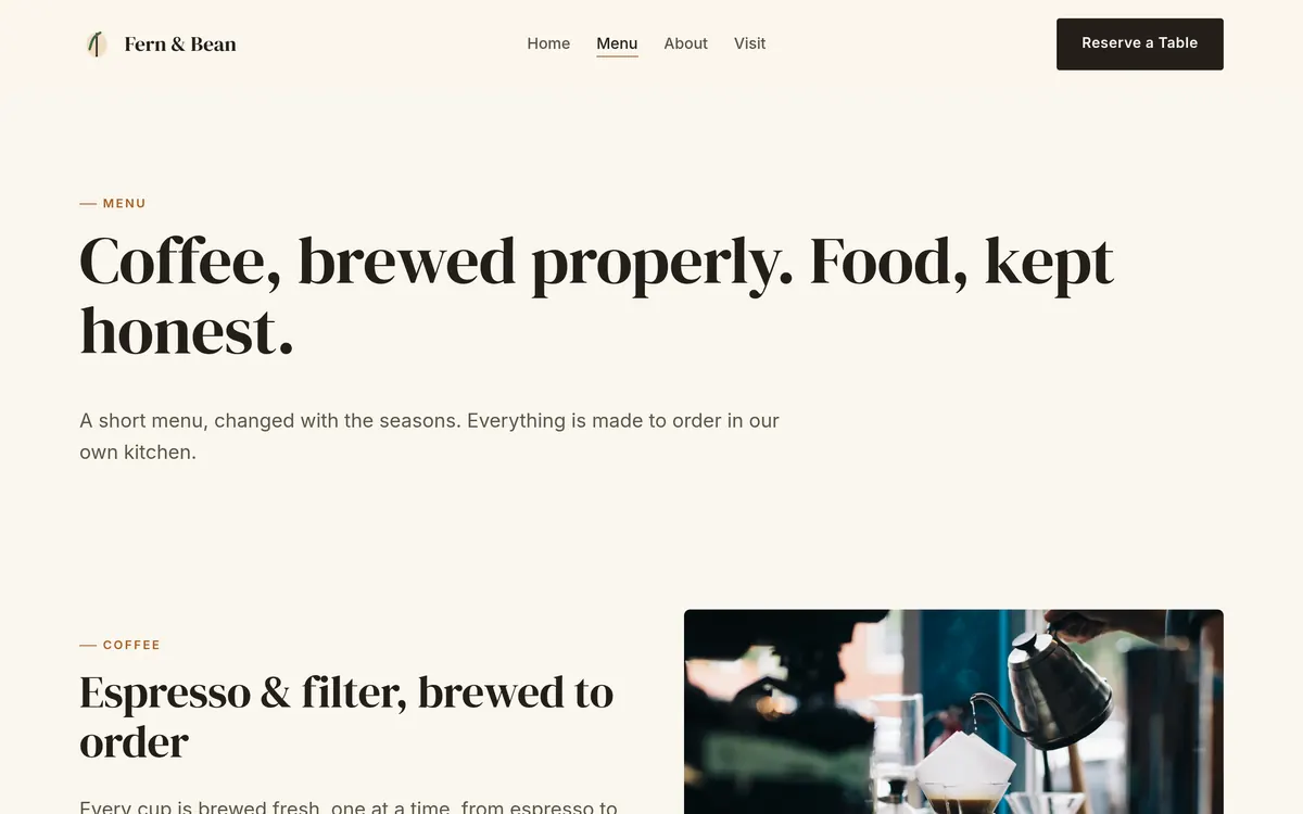 Fern & Beans Café — Menu page
