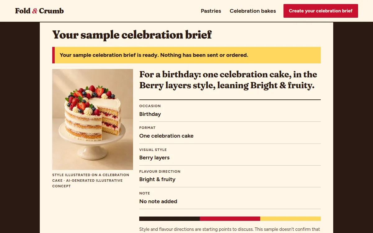 Fold & Crumb — Completed sample celebration brief