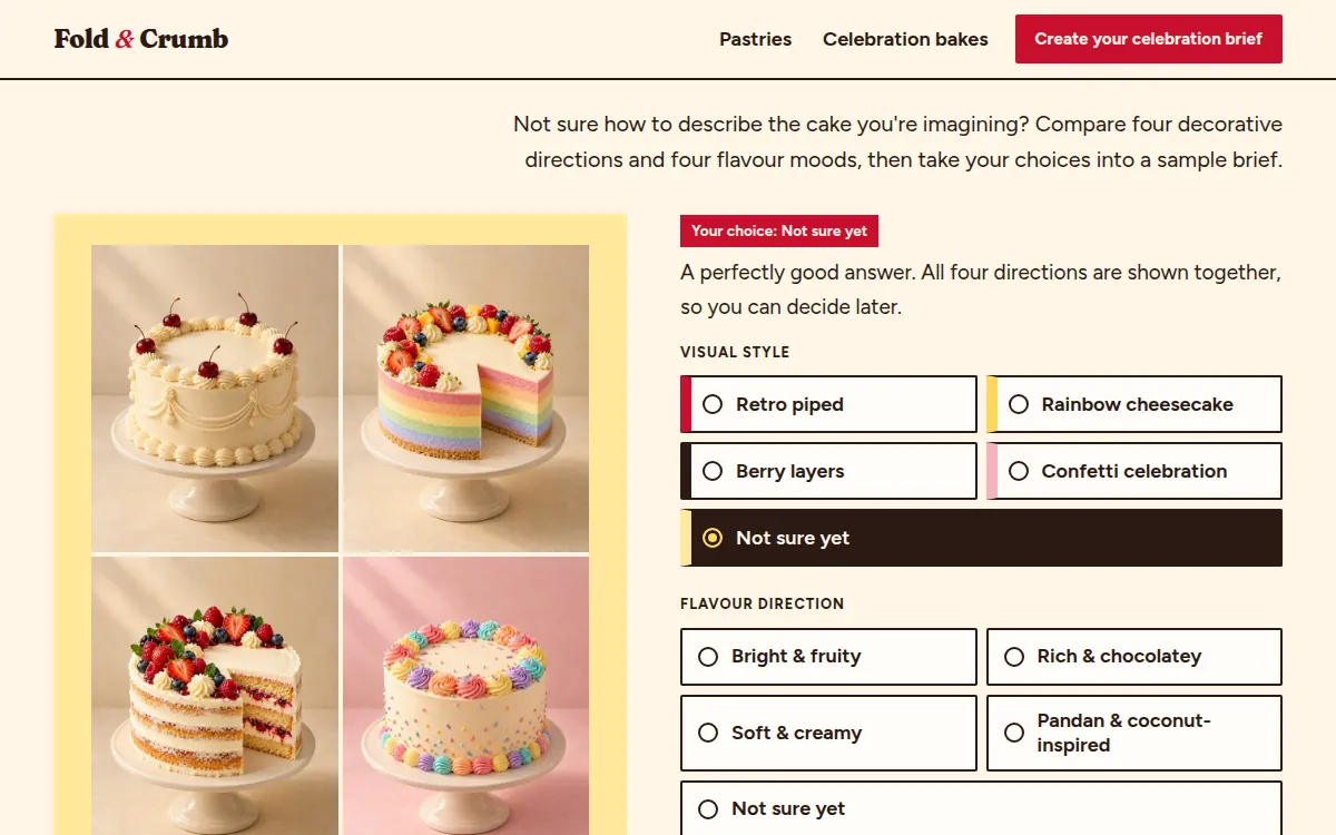 Fold & Crumb — Celebration explorer showing all four cake styles