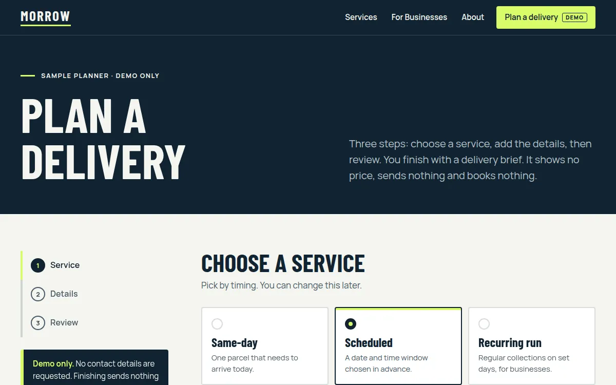Morrow Delivery — Delivery planner (demo), step 1