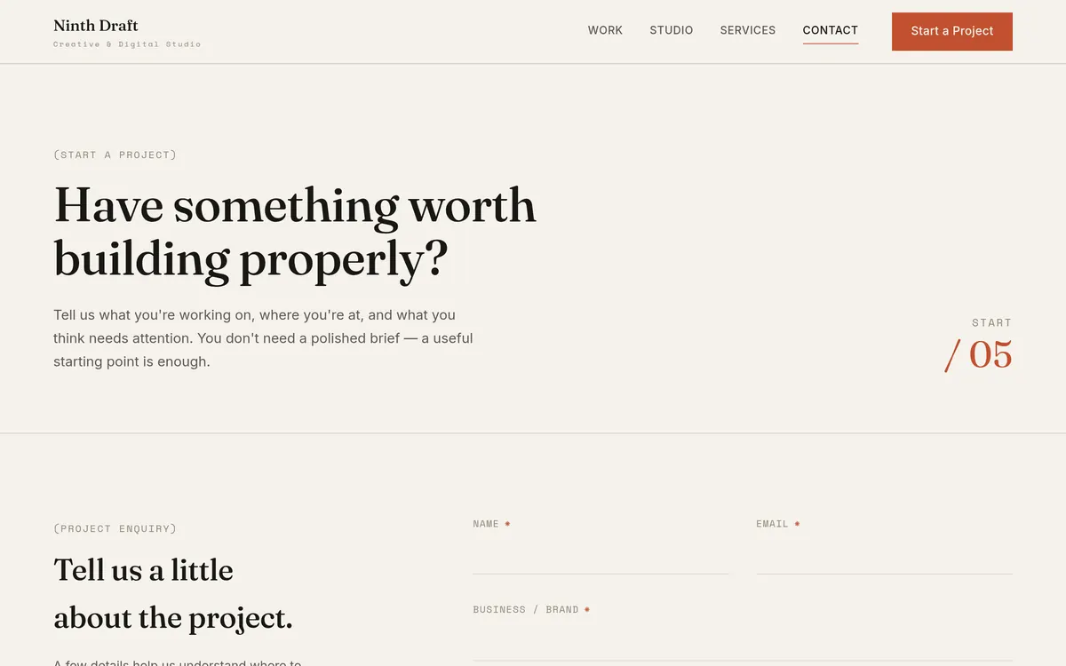 Ninth Draft — Start a Project page