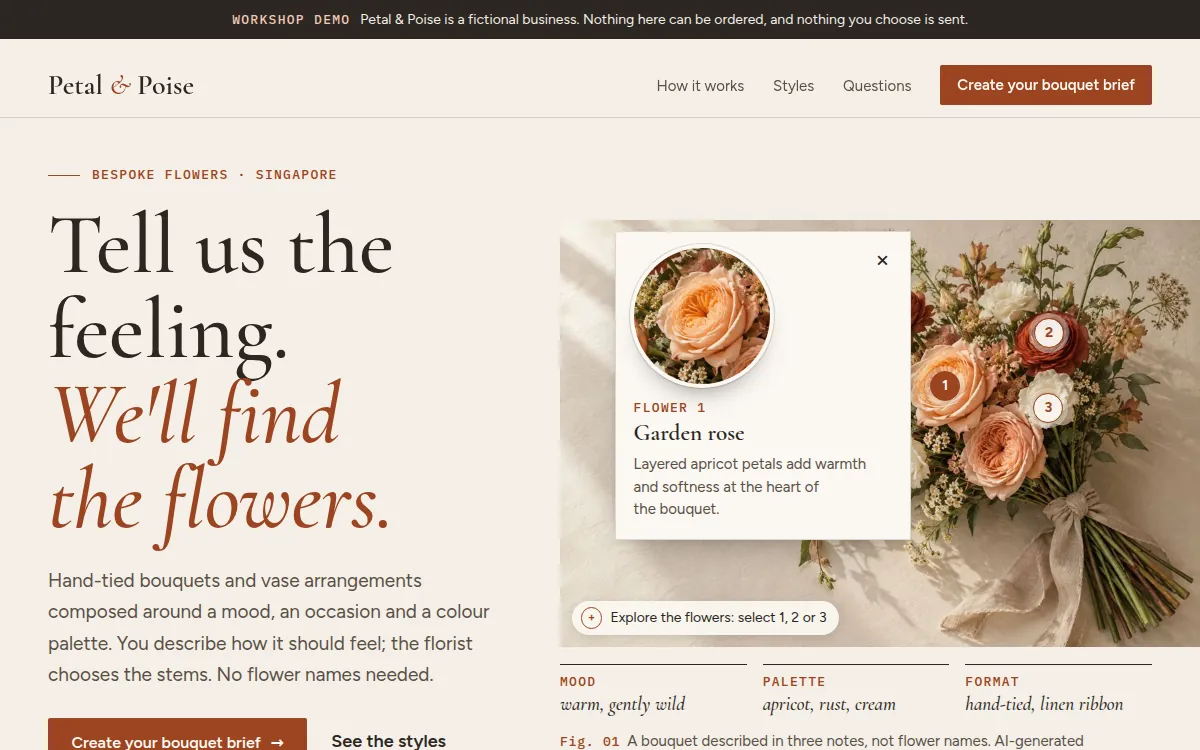 Petal & Poise — Home page with a flower close-up open