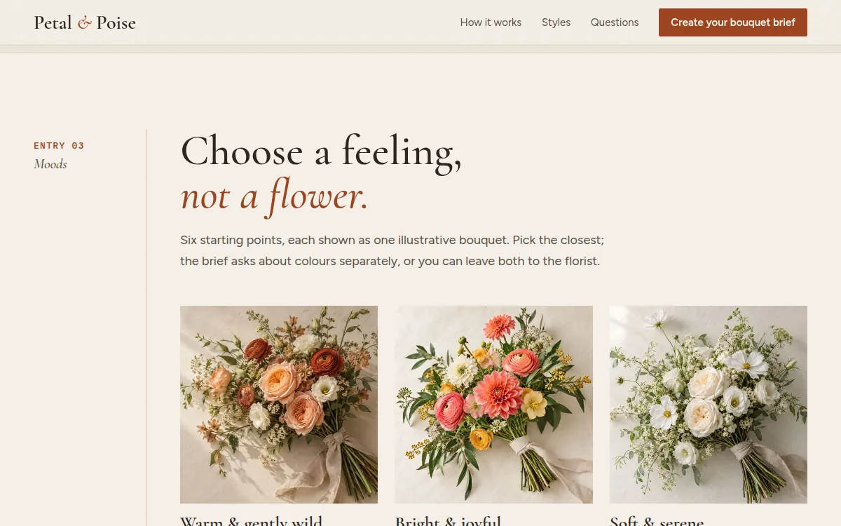 Petal & Poise — Mood choices on the home page