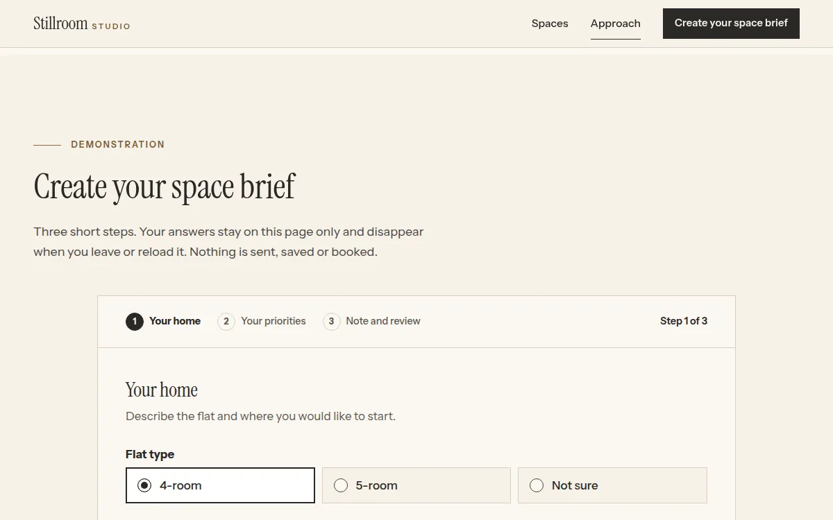 Stillroom Studio — Space brief (demo), step 1