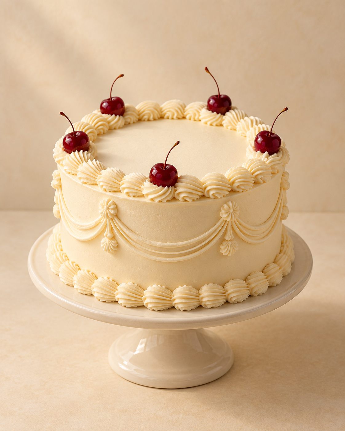 Illustrative concept: a cream cake on a stand with shell-piped borders, draped piping swags and five glossy cherries.