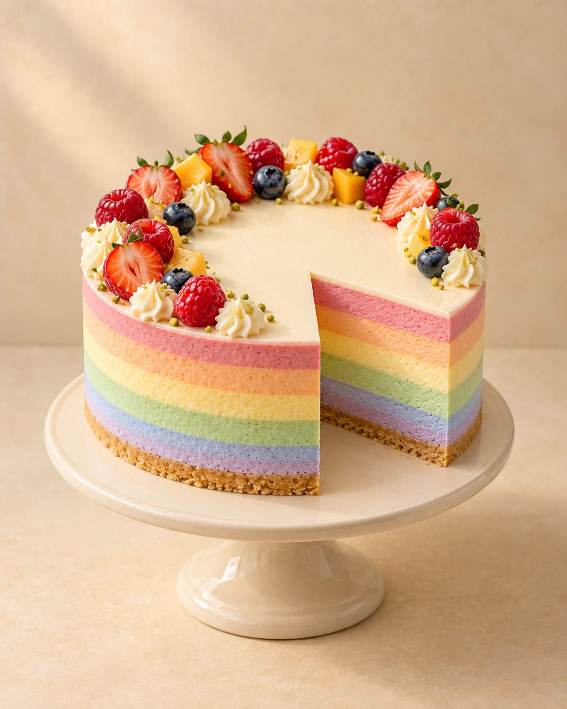 Illustrative concept: a cheesecake with pastel rainbow bands shown where a slice is cut away, topped with a ring of berries, fruit and piped cream.