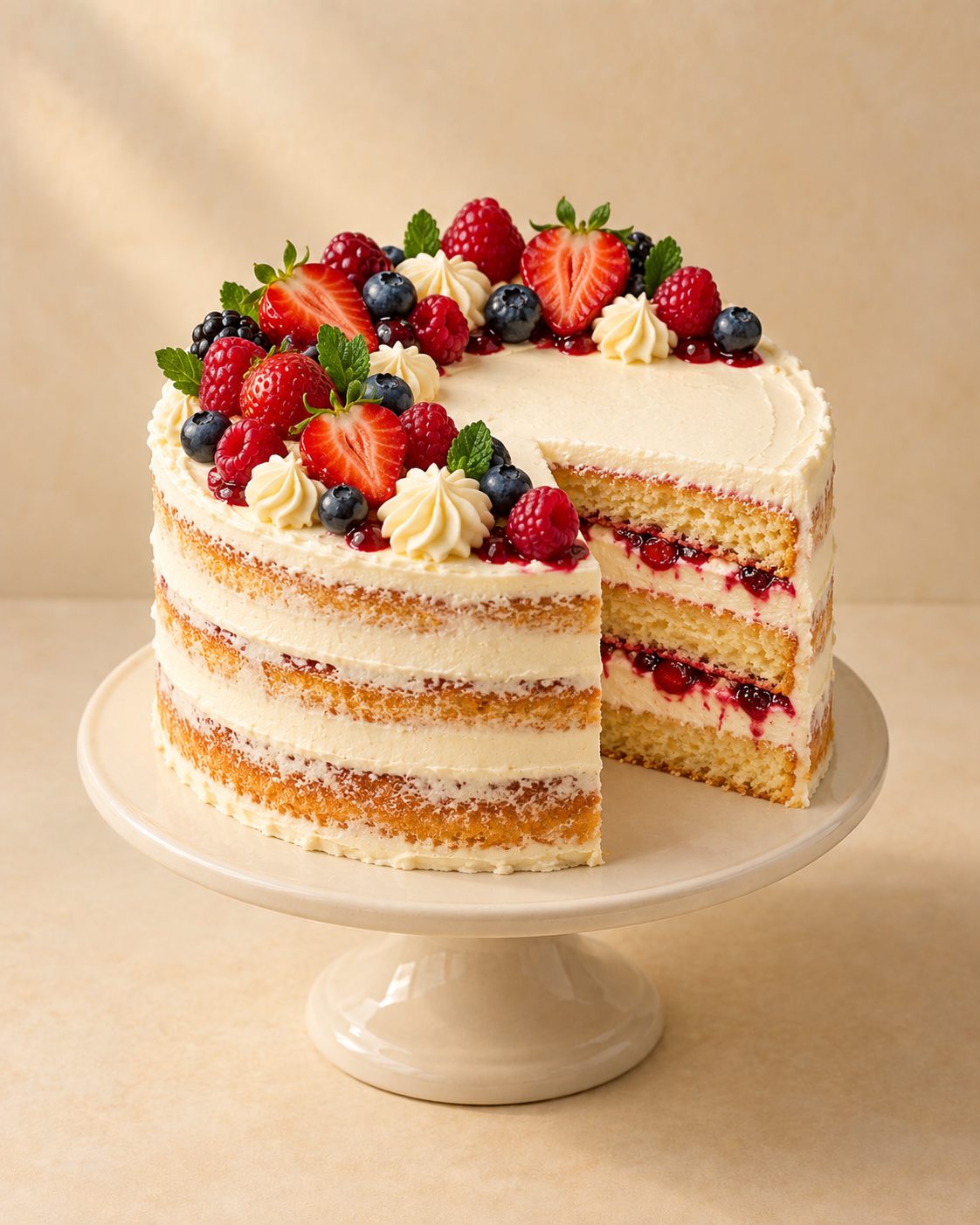 Illustrative concept: a semi-bare layer cake with a slice removed, showing sponge layers with berry-streaked cream, piled with berries on top.