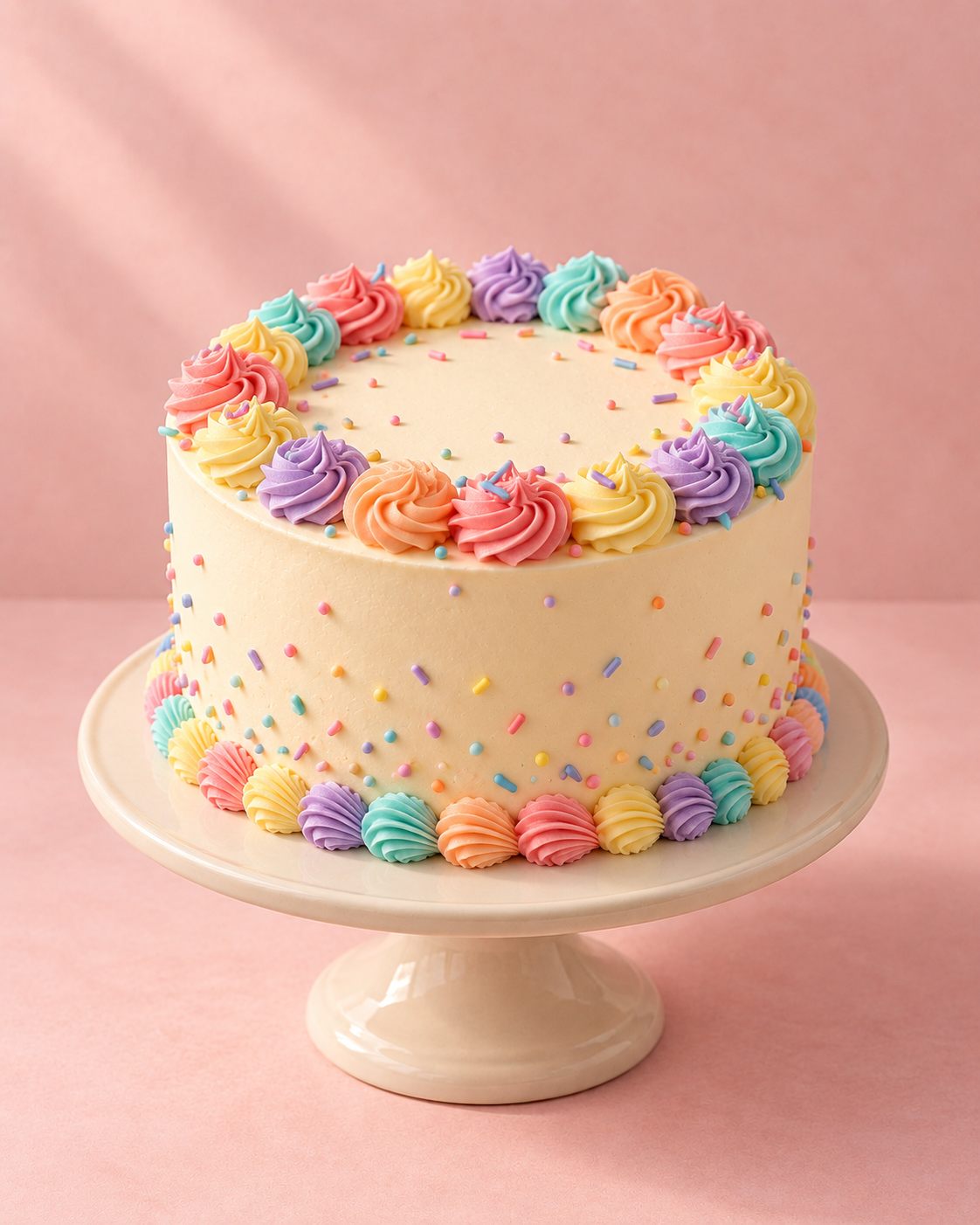 Illustrative concept: a cream cake with pastel piped rosettes around the top and base, scattered with colourful sprinkles, on a pink background.