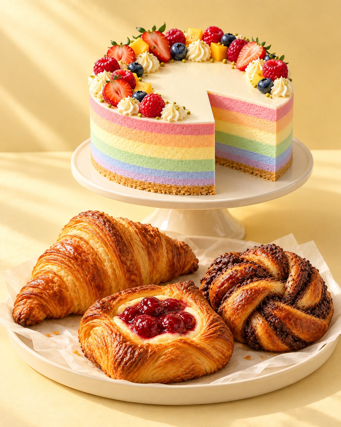 Illustrative concept: a rainbow-layered cheesecake with one slice cut away sits on a cream cake stand, behind a tray holding a croissant, a cherry danish and a chocolate babka knot.