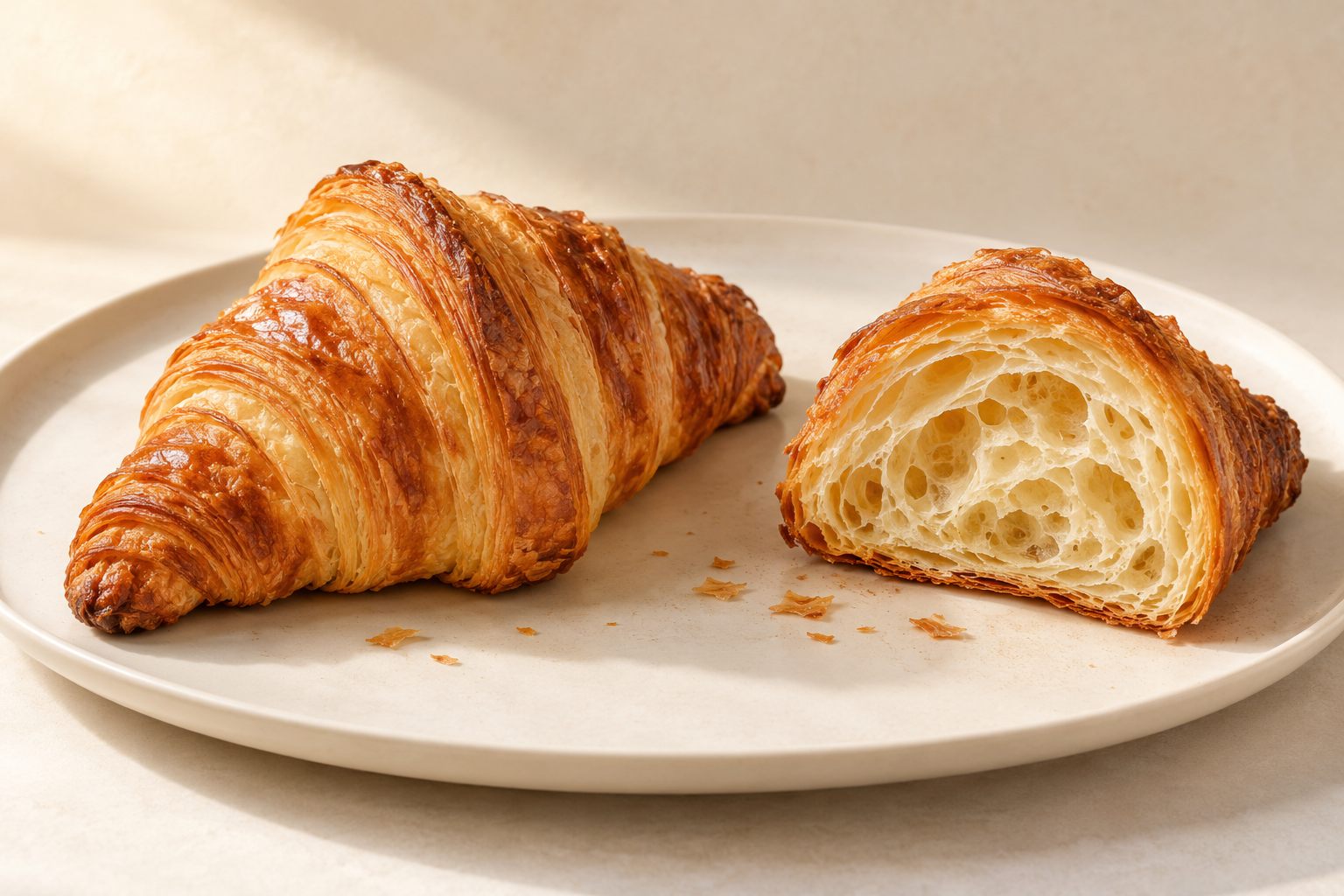 Illustrative concept: a whole butter croissant beside a cut piece showing its airy interior, on a cream plate.