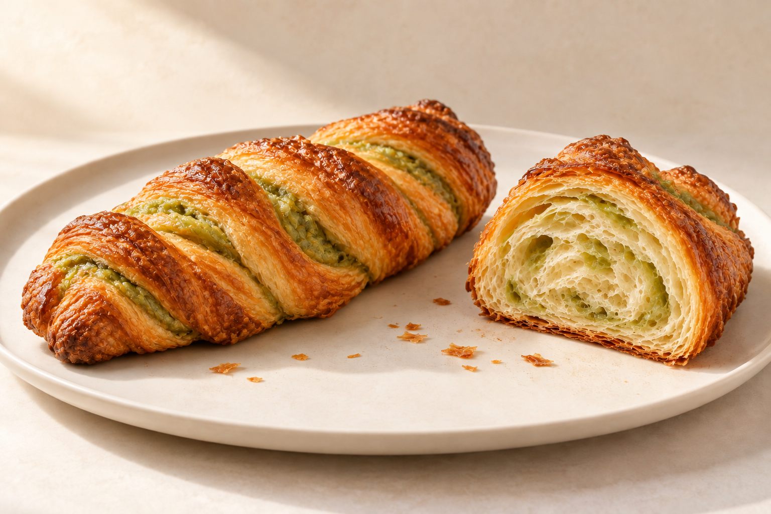 Illustrative concept: a long pandan kaya twist with green swirls in each turn, beside a cut piece showing green-streaked layers, on a cream plate.