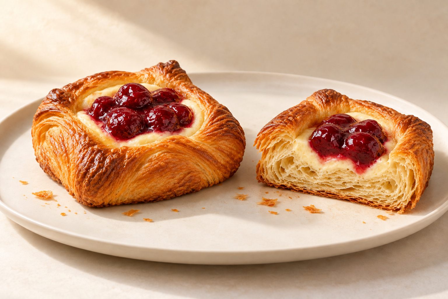 Illustrative concept: a square cherry cream danish with glossy cherries on a creamy centre, beside a cut half, on a cream plate.