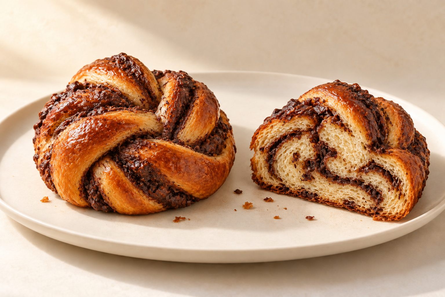 Illustrative concept: a glossy dark chocolate babka knot beside a cut piece showing chocolate swirls through soft layers, on a cream plate.