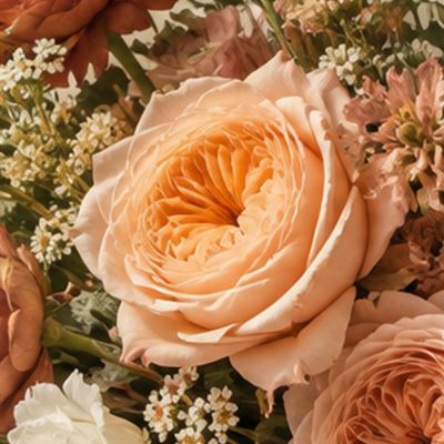 Close-up of the apricot garden rose, its many layered petals opening from a deeper centre.