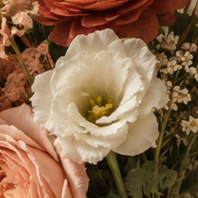 Close-up of a white lisianthus with ruffled petals and a pale green centre.