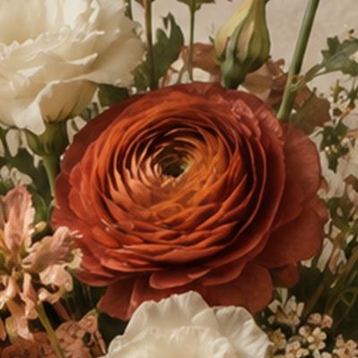 Close-up of a rust-coloured ranunculus with tightly spiralled petals.