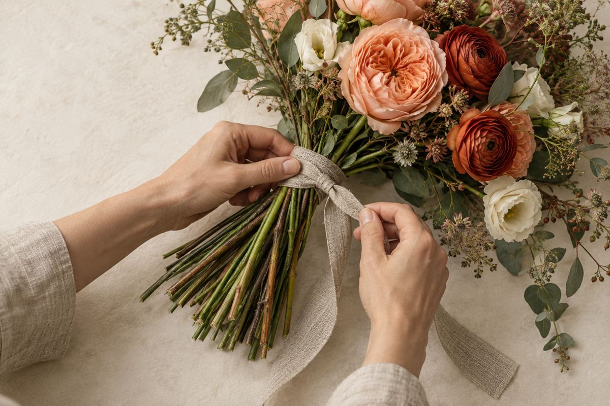 Two hands tying a linen ribbon around the gathered stems of a peach, rust and cream bouquet.