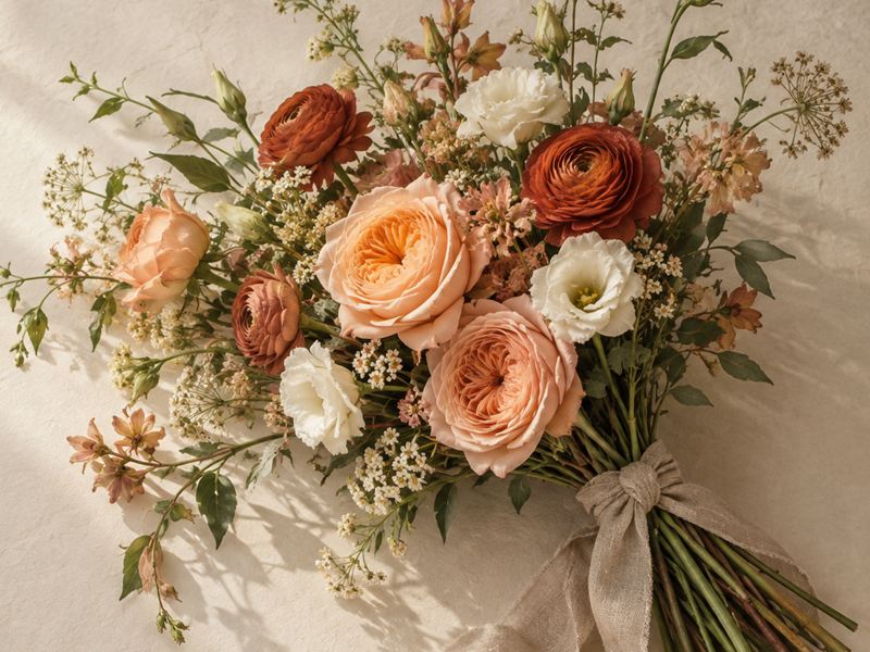 A loose hand-tied bouquet of apricot garden roses, rust ranunculus, white lisianthus and airy sprigs, tied with a linen ribbon and lying on warm paper in soft window light.