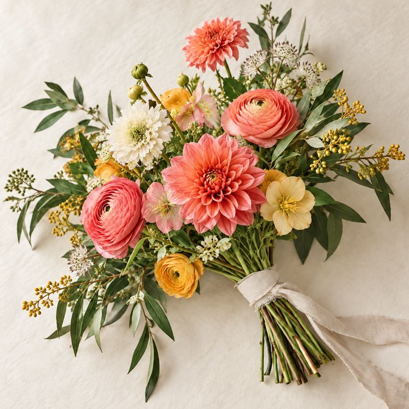 A bright bouquet of coral dahlias, pink ranunculus and marigold-yellow blooms with willowy green leaves.
