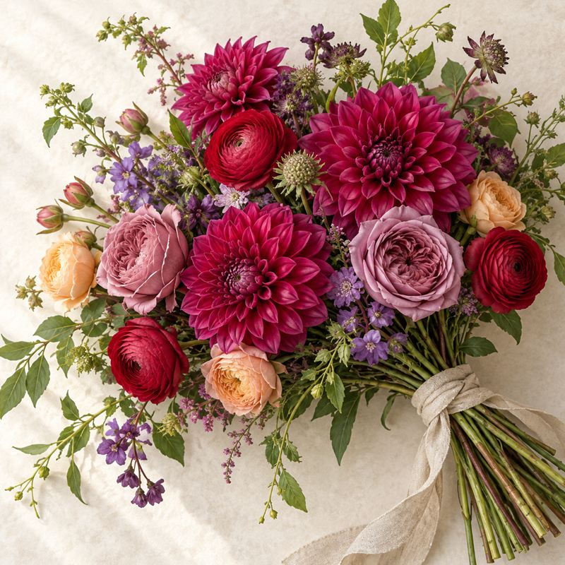 A rich bouquet of deep magenta dahlias, crimson ranunculus, mauve roses and violet sprigs with touches of peach.