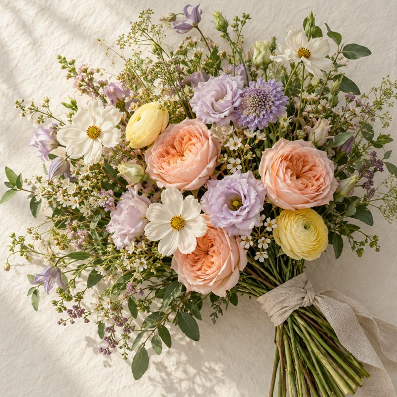 A soft mixed bouquet of peach garden roses, lilac lisianthus, pale yellow ranunculus and white cosmos.
