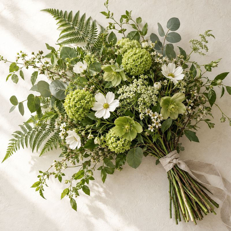 A leafy green bouquet with lime-green blooms, white cosmos, ferns and eucalyptus.