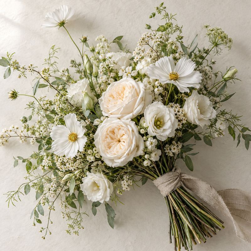 A white and cream bouquet of garden roses, cosmos and lisianthus with delicate white sprays and soft green leaves.