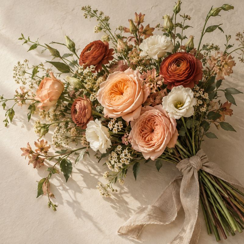 A loose bouquet of apricot garden roses, rust ranunculus and white lisianthus with airy sprigs.