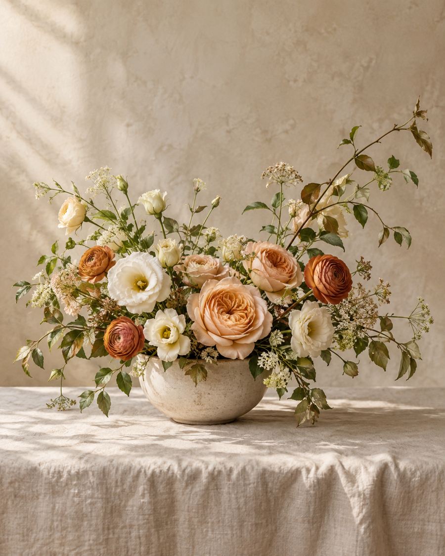 A loose, airy arrangement of peach roses, rust ranunculus and white lisianthus in a low stone-coloured bowl on a linen-covered table.