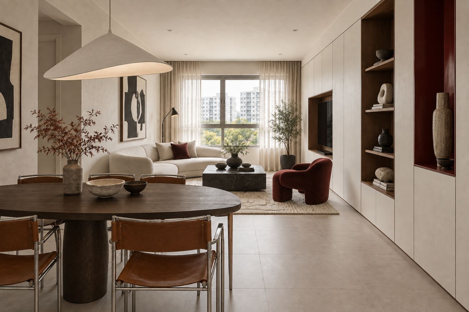 A living and dining room with a sculptural white pendant over a dark oval table, a curved ivory sofa and a deep red armchair by the window, and a full-height ivory storage wall with walnut and red display niches.