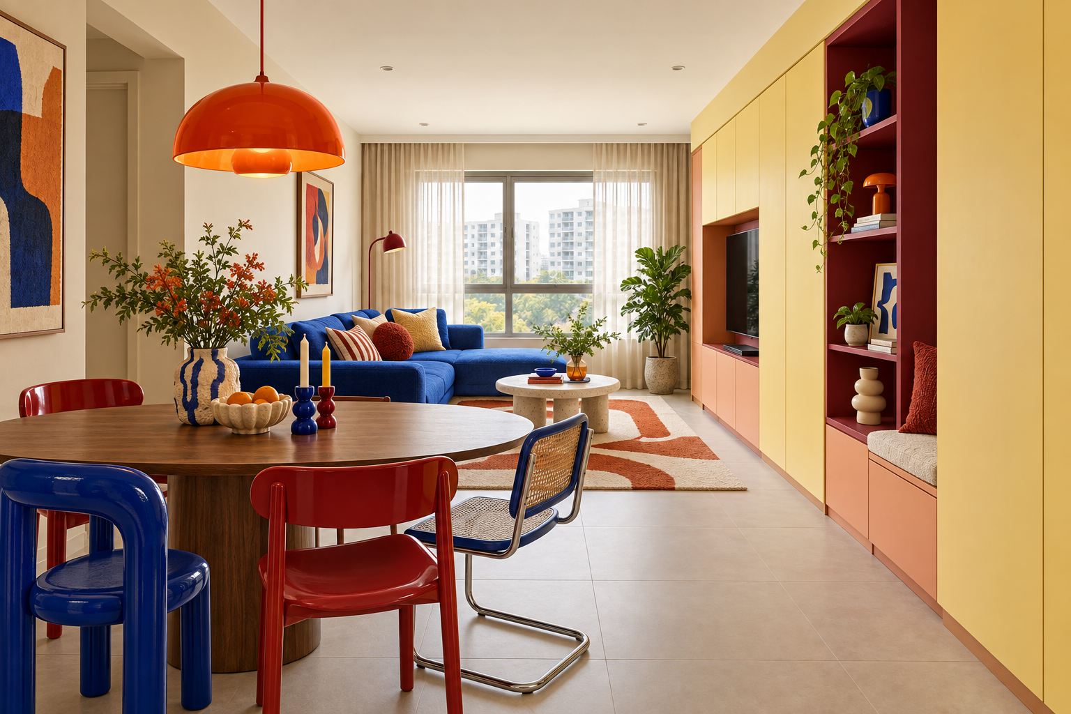 Funky direction: the same room with a round timber table, glossy red and blue chairs, an orange enamel pendant, a cobalt sofa, and yellow and coral cabinetry with an open red bookcase and window bench.