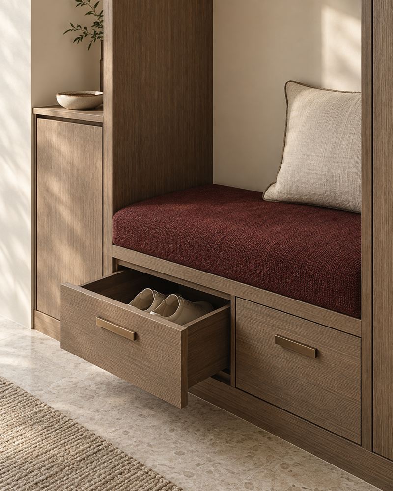 An oak entry bench with a deep red cushion and a linen pillow; one drawer below is pulled open to show a pair of shoes, with slim bronze-tone handles on both drawers.