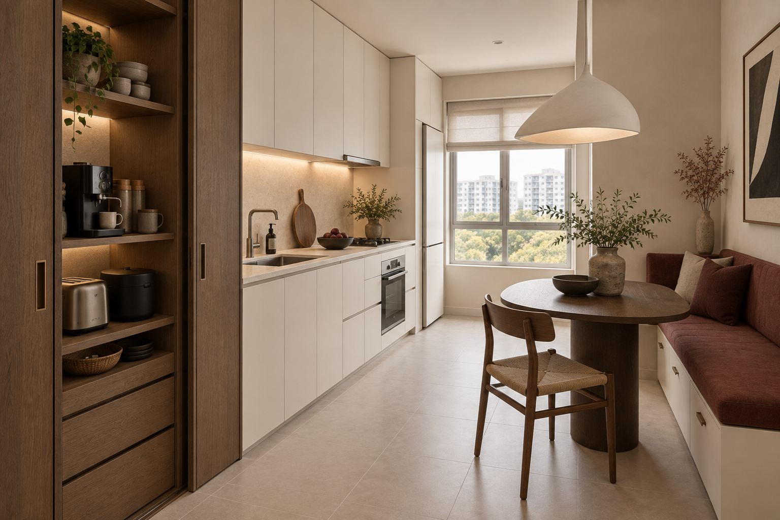 A galley kitchen with ivory cabinets and a window at the end. On the left, a tall timber cabinet stands open with a coffee machine, toaster and rice cooker on its shelves. On the right, a cushioned bench with drawers beneath runs along the wall beside a small round table.