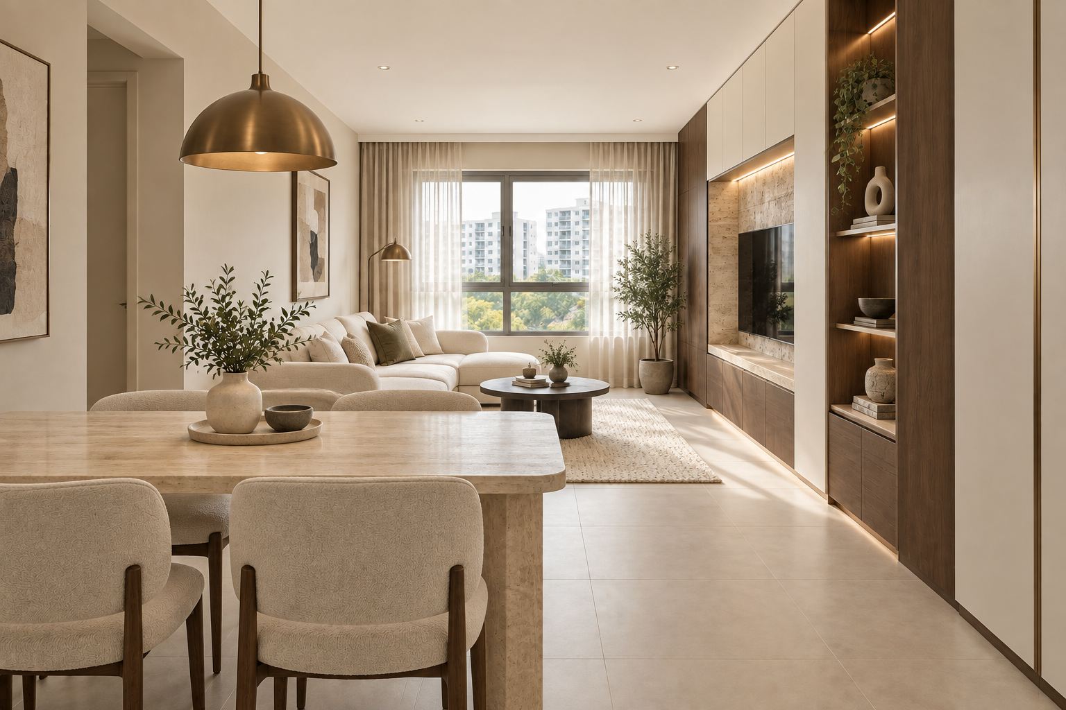Modern luxurious direction: a pale stone-look dining table with upholstered chairs, a brass dome pendant, a cream sofa, and walnut-toned joinery with softly lit shelves around the television.